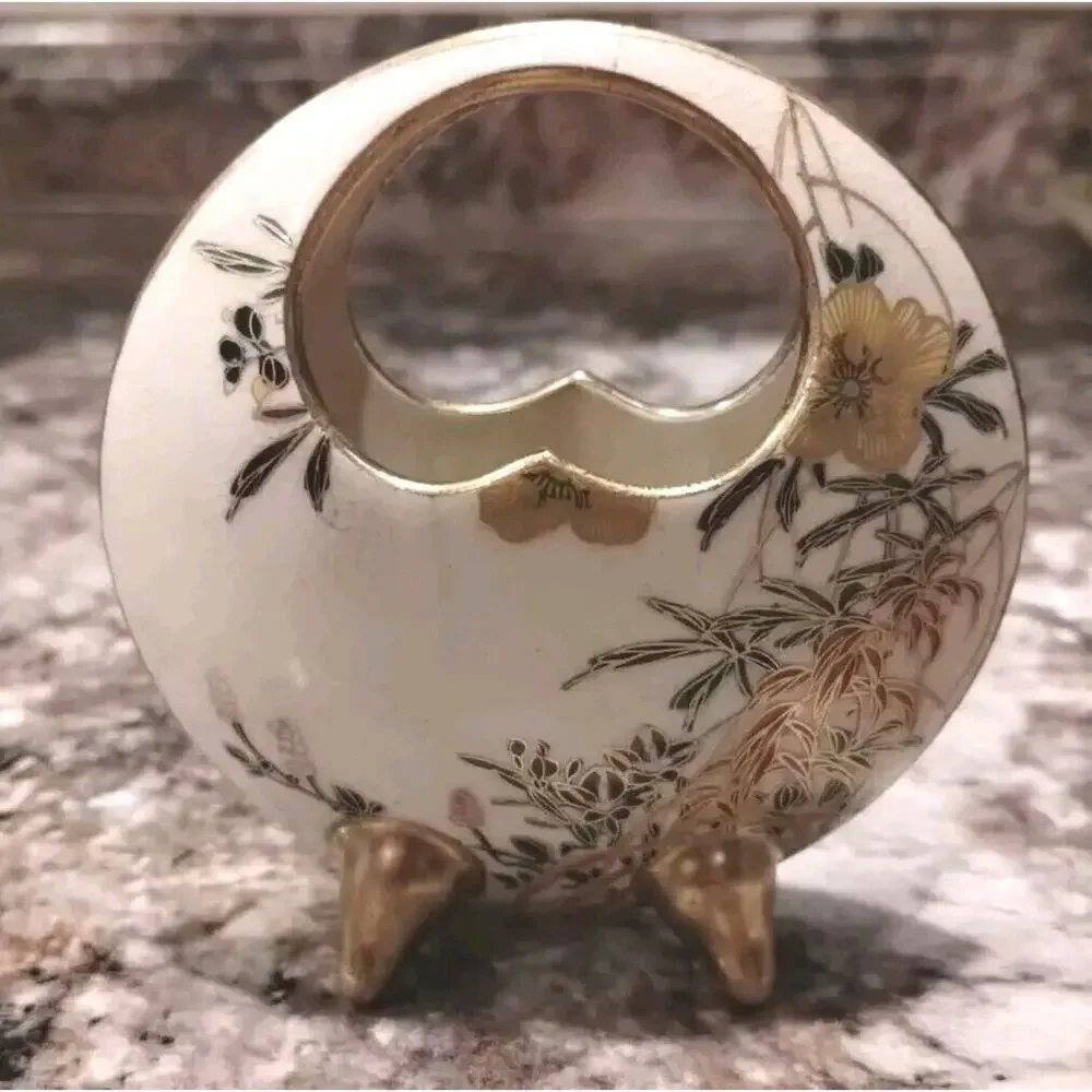 JAPANESE Late Meiji Period Antique SMALL SATSUMA MOON Gold Floral Flask Vase